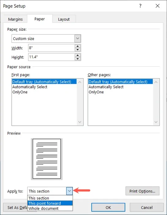 Configurar página Aplicar a menú en Word en Windows