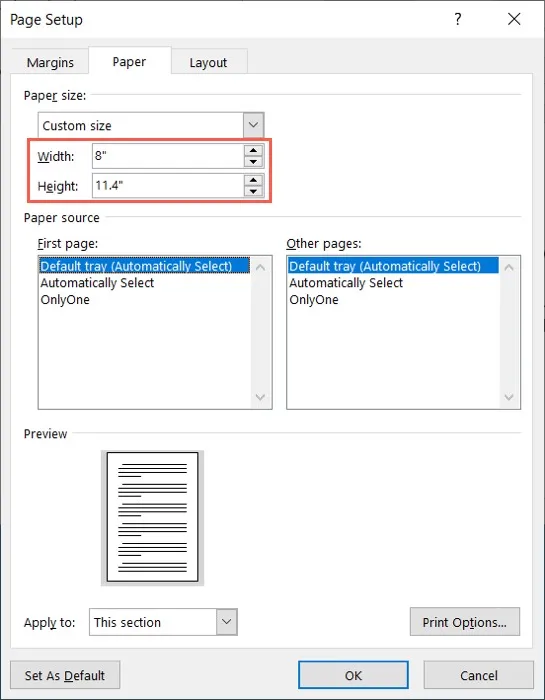 Tamaño de papel personalizado en Word en Windows