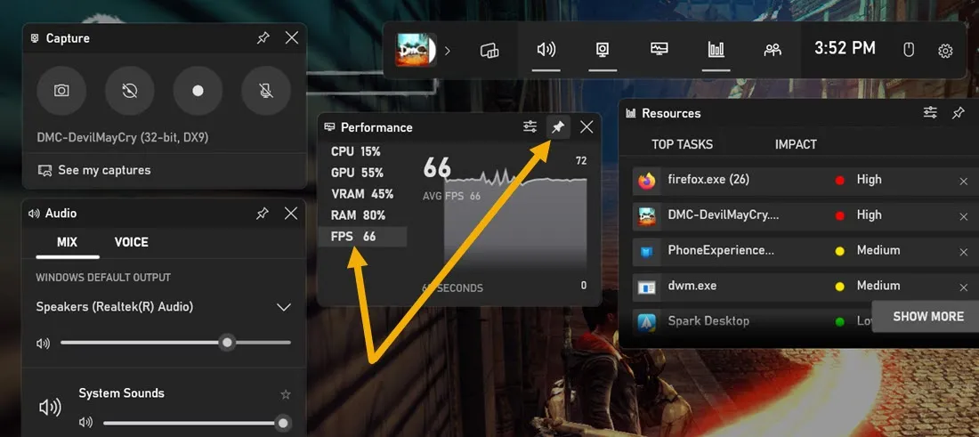 Blocco dell'impostazione FPS nell'overlay della Xbox Game Bar.