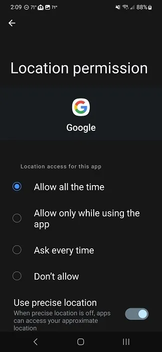 Modifica dell'autorizzazione locale per l'app Google.