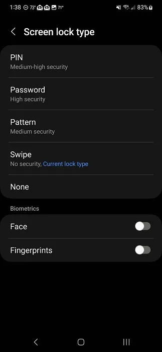 Sélection d'une option de type de verrouillage d'écran pour un appareil Android.