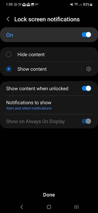 Choisir d'afficher ou non les notifications de l'écran de verrouillage via les paramètres Android.