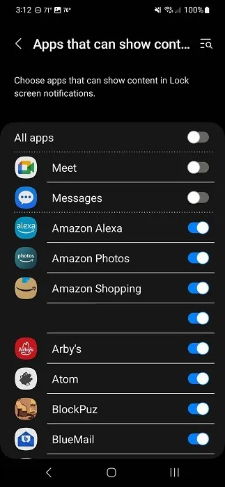 Apps selecteren die nu meldingen op het vergrendelscherm tonen.