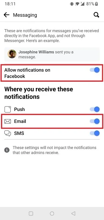 Los controles de alternancia están habilitados en Notificaciones de mensajería en la aplicación móvil de Facebook.
