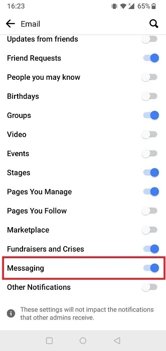 Ativação de mensagens no aplicativo móvel do Facebook.