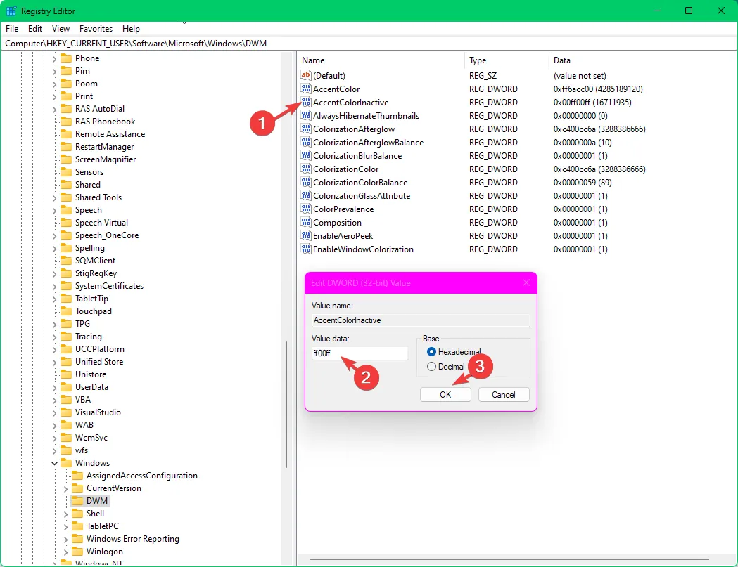 regedit_inactive titelbalk van vensterkleur wijzigen Windows 11