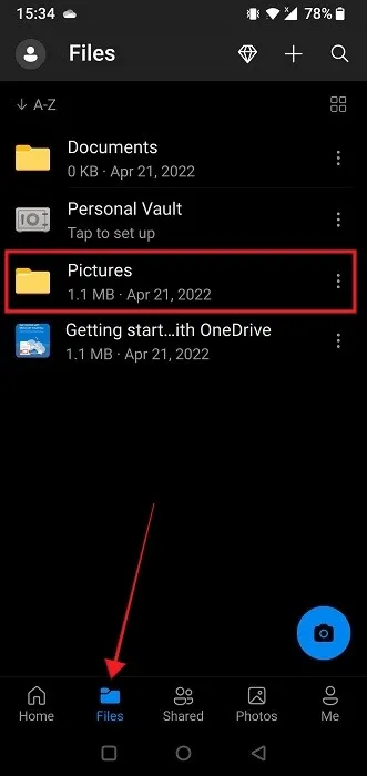 Android 用 OneDrive アプリの [ファイル] タブをクリックします。