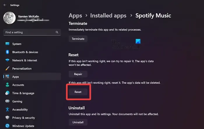 Setzen Sie Spotify Windows zurück
