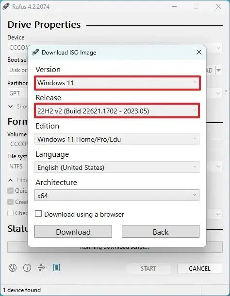 Descarga ISO de Rufus Windows 11 22H2