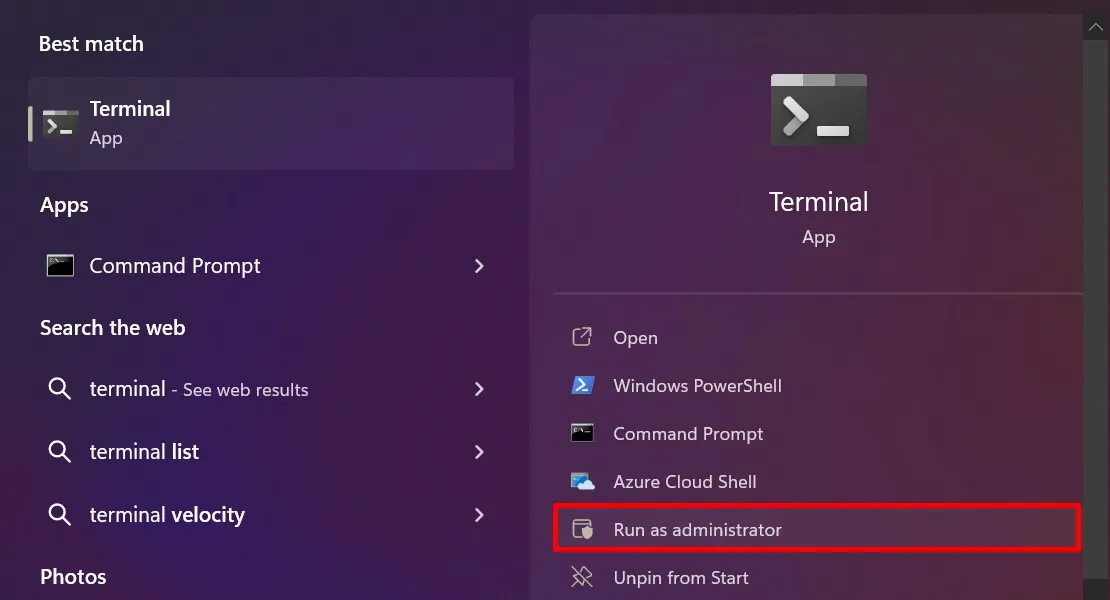 Abrindo o aplicativo Terminal como administrador no Windows Search.