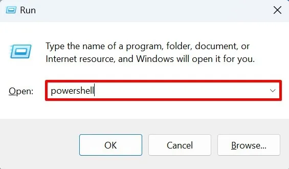 Abrindo o PowerShell usando o utilitário Executar no Windows.