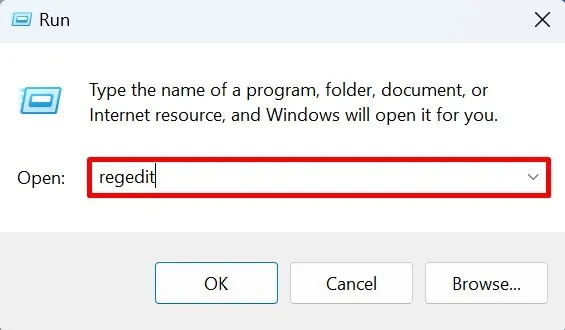 Windows のファイル名を指定して実行ユーティリティを使用してレジストリ エディタを起動します。