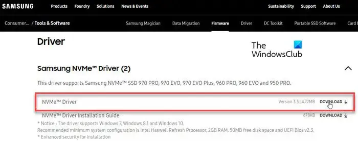 Página de download do driver Samsung NVME