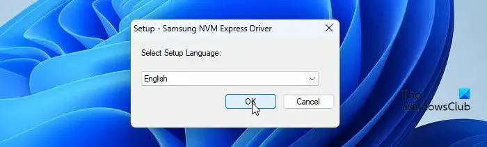 Seleção de idioma de configuração do driver Samsung NVME