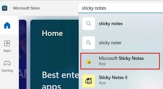 Zoeken naar Sticky Notes-app in Microsoft Store.