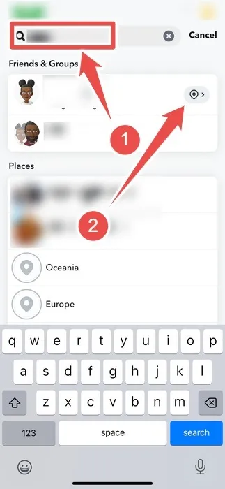 Snapchat の Snap Map で誰かを検索する