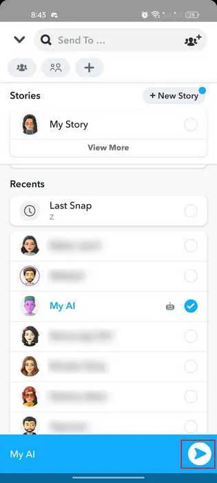 Senden eines Snaps in der Snapchat-App.