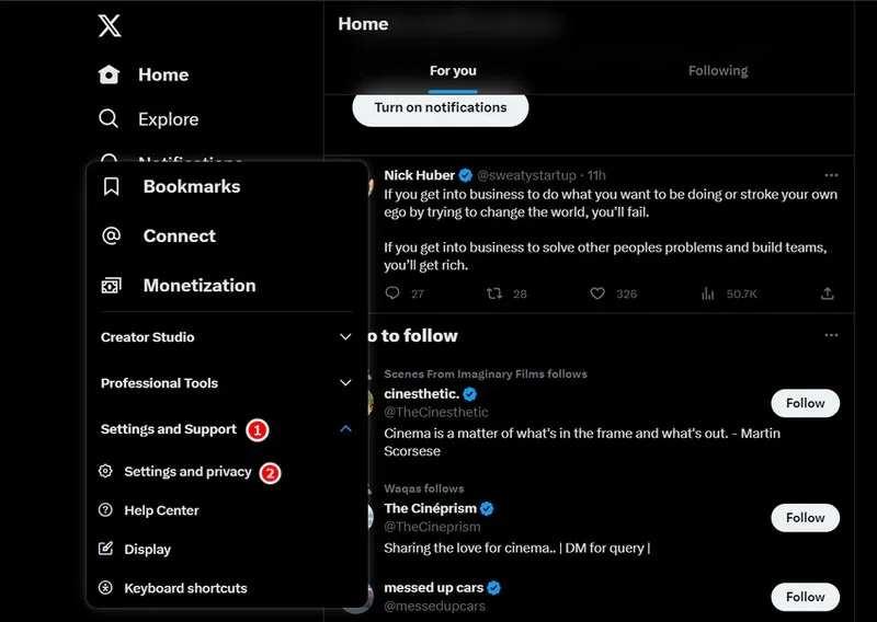 Klik op Instellingen en Privacy in de Twitter-browser