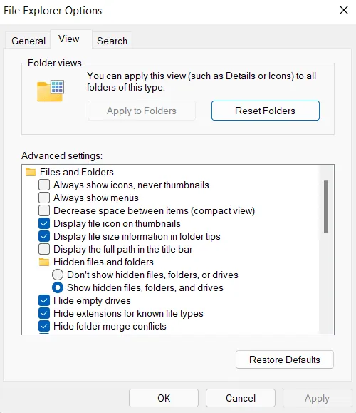 Toon verborgen bestanden en mappen in Windows 11 - Systeeminstellingen