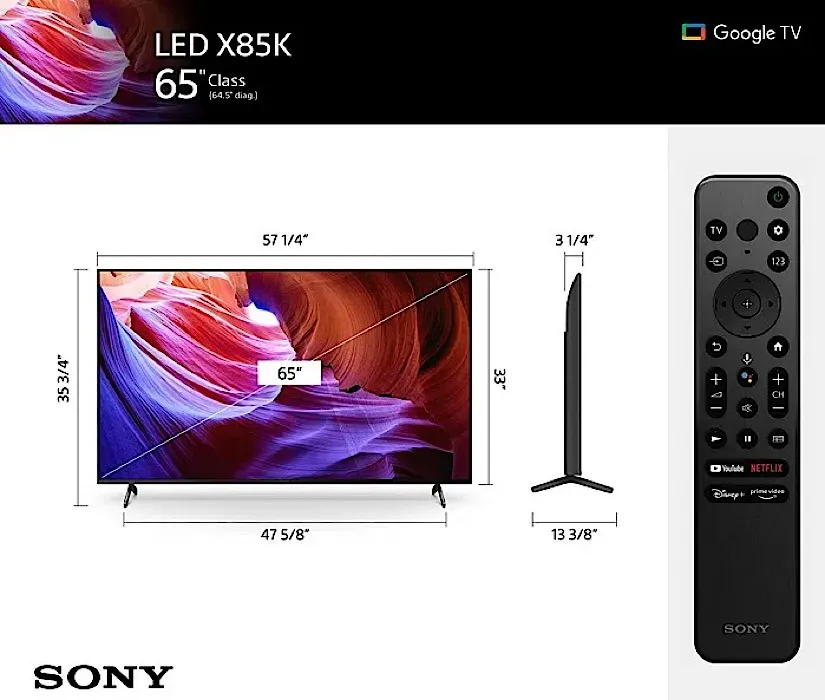 Dimensões do controle remoto Sony X85k Smart Google TV