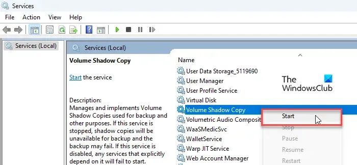 Start de Volume Shadow Copy-service