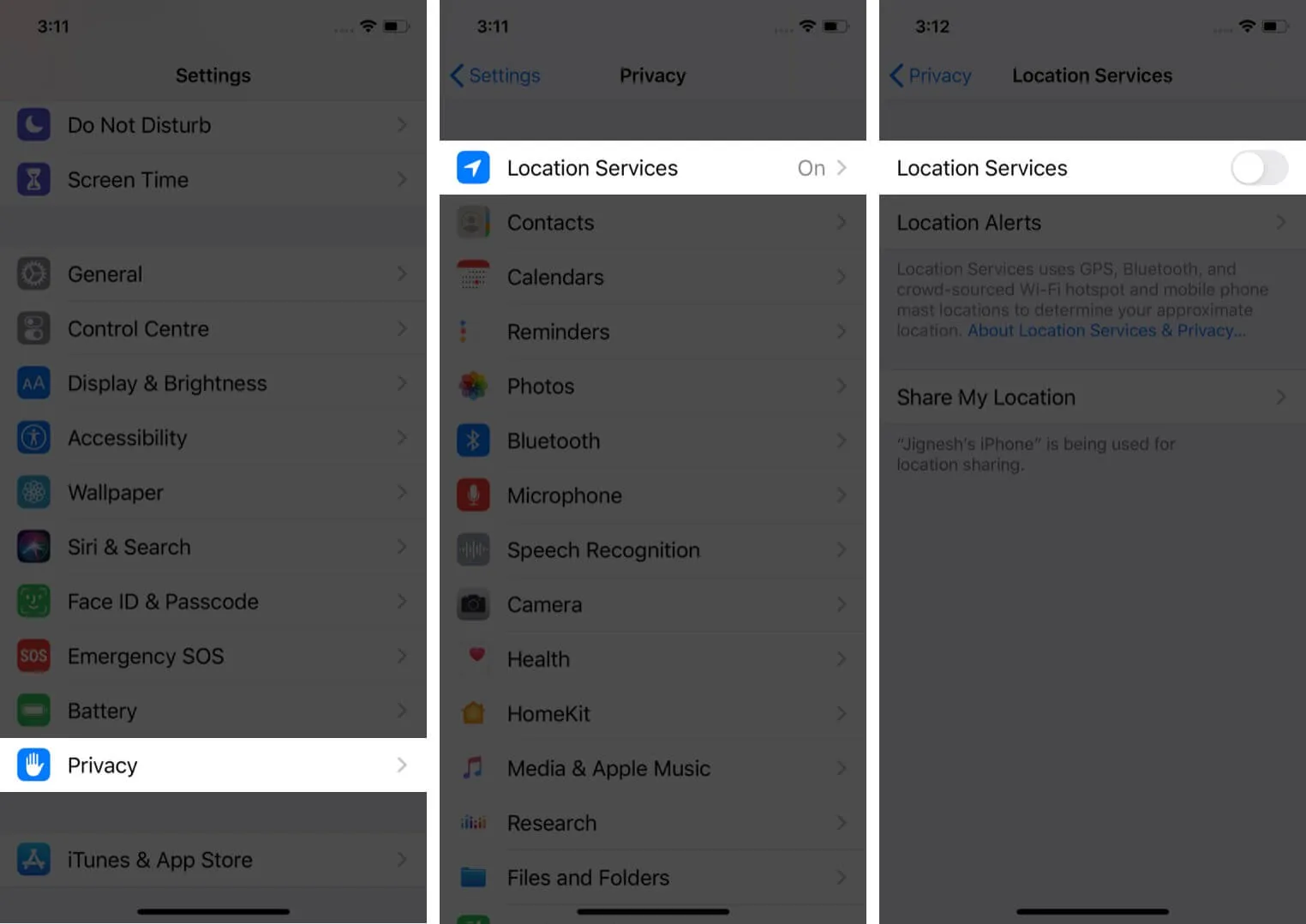 Tik op Privacy en schakel locatieservices uit op iPhone 11 Pro