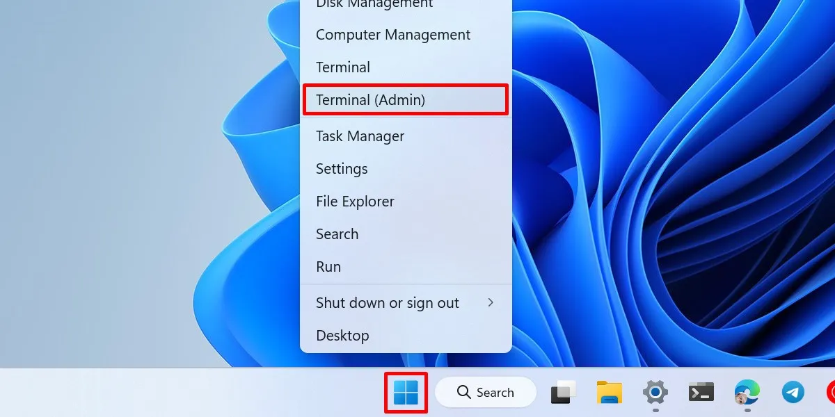 Abrindo o aplicativo Terminal com acesso de administrador usando o menu WinX.