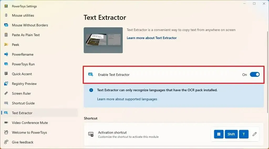 Activer l'extracteur de texte