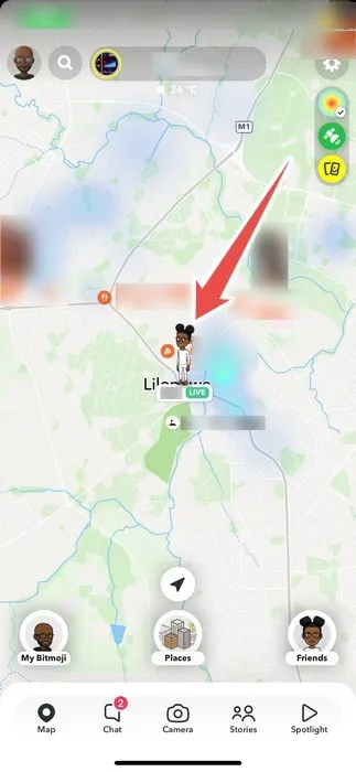 De avatar van een vriend op de Snapchat Snap Map