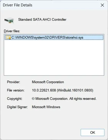 Les détails du pilote pour le contrôleur SATA sous Windows
