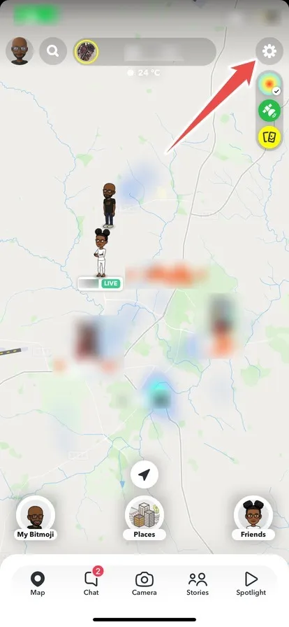 Het tandwielpictogram op de Snap Map op Snapchat