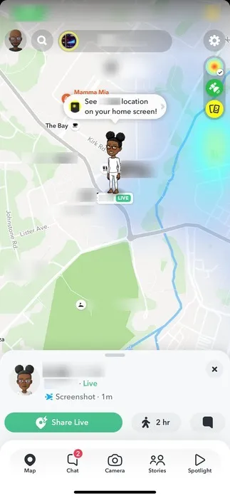 De locatiegegevens van een persoon op een snapkaart op Snapchat