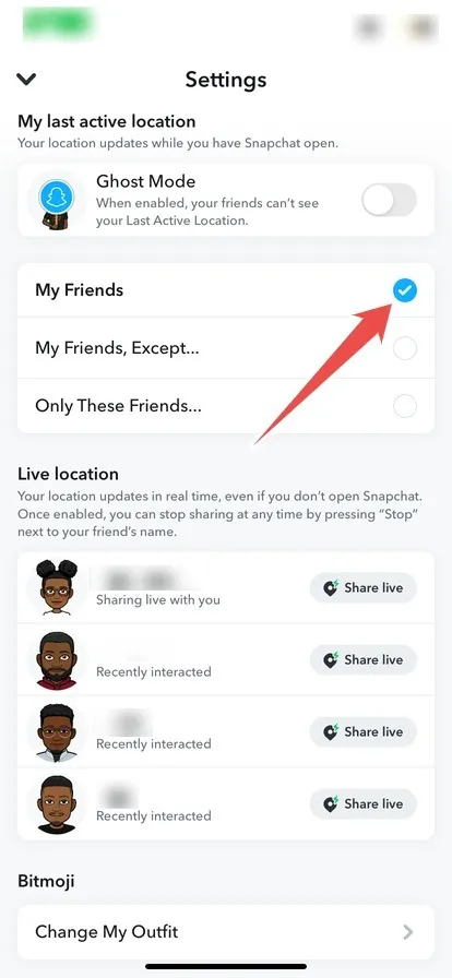 Snapchat 位置設置中的“我的朋友”複選框
