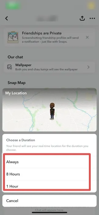 Les options pour choisir la durée de partage de la position en direct sur Snapchat