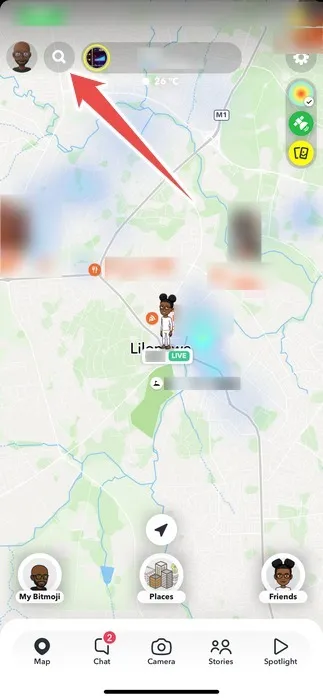 Het zoekpictogram in de Snap Map op Snapchat