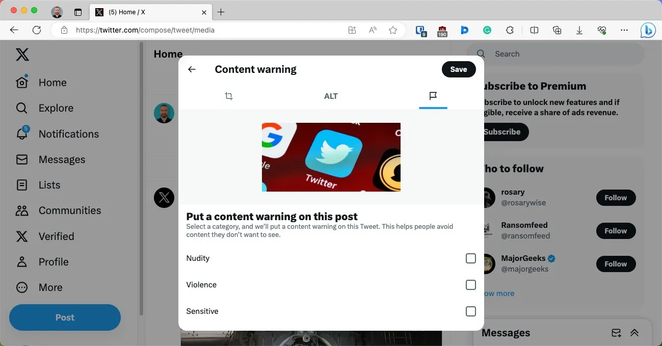 Menu d'avertissement de contenu Twitter pour le Web et le mobile