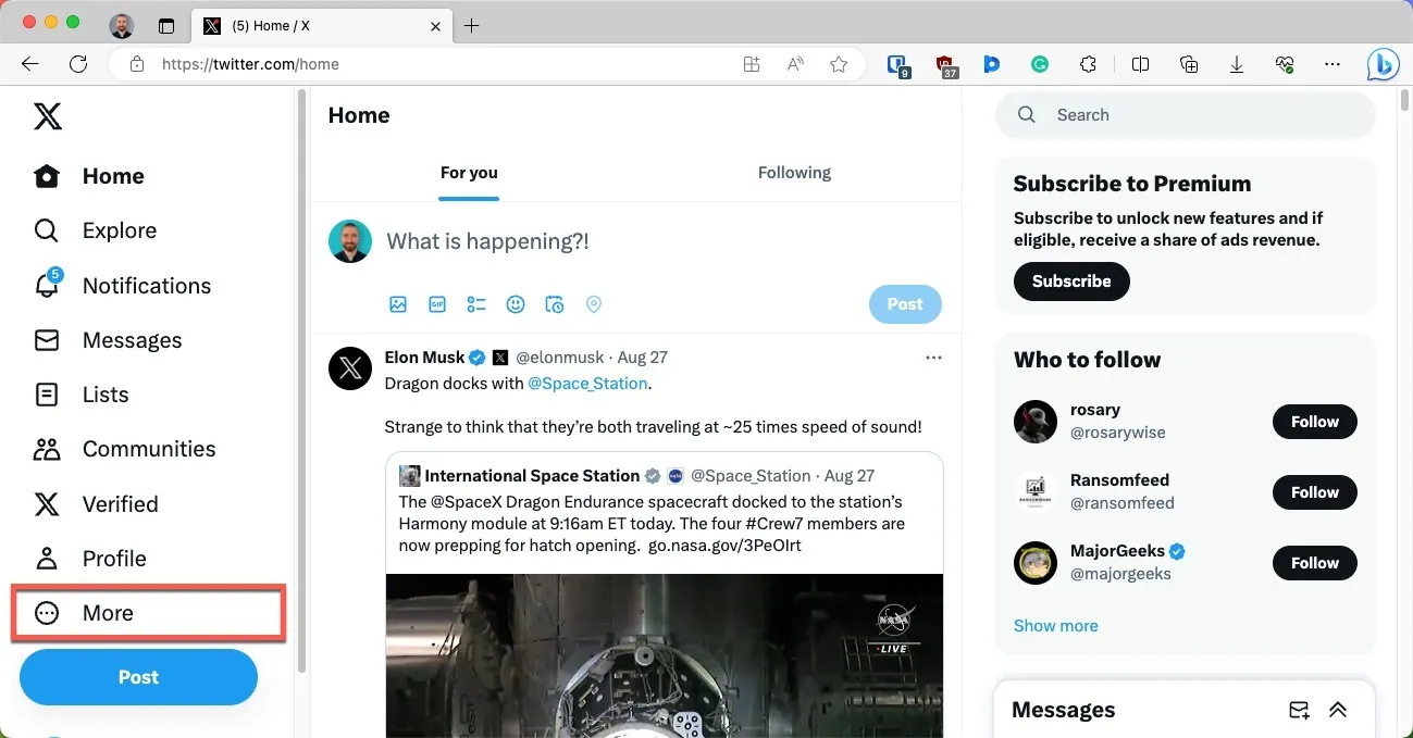 pulsante menu Altro di Twitter per il Web