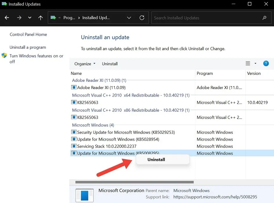 コントロール パネルから Windows 更新プログラムをアンインストールします。