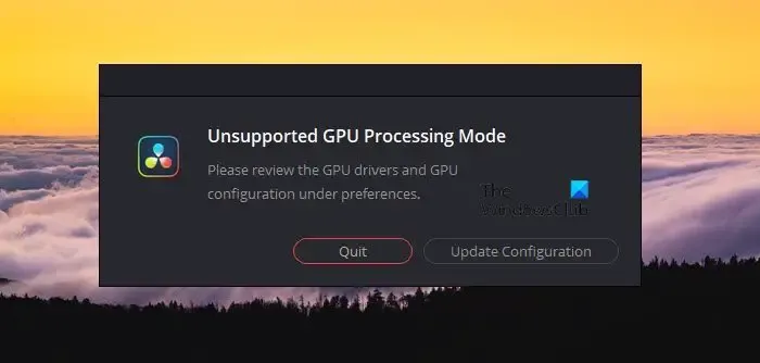 Modo de processamento de GPU não suportado no DaVinci Resolve