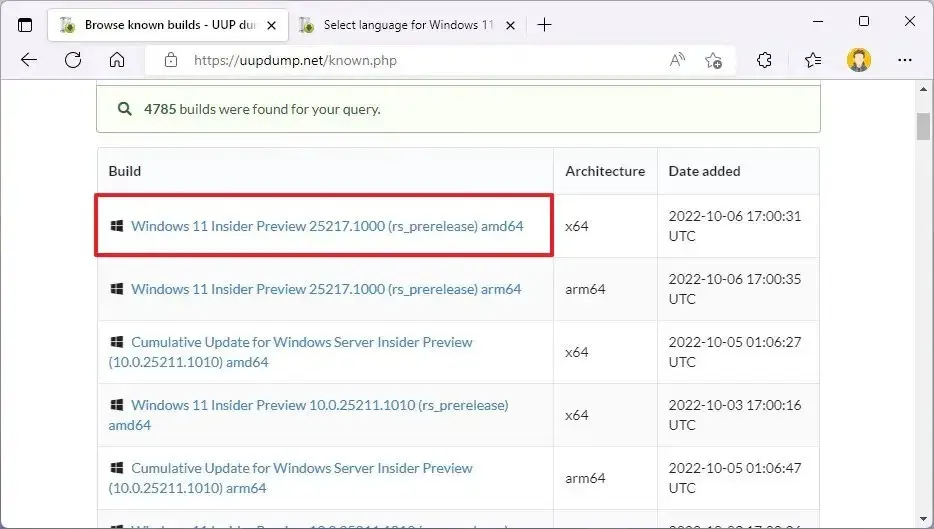 UUP Dump dell'ultimo download di Windows 11 Insider Preview