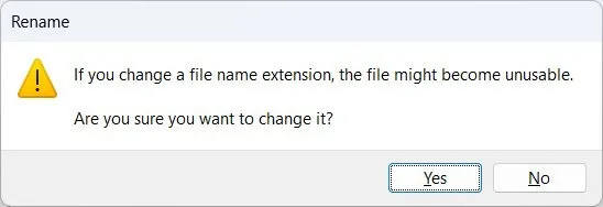 Avviso sulla modifica delle estensioni dei file su Windows.