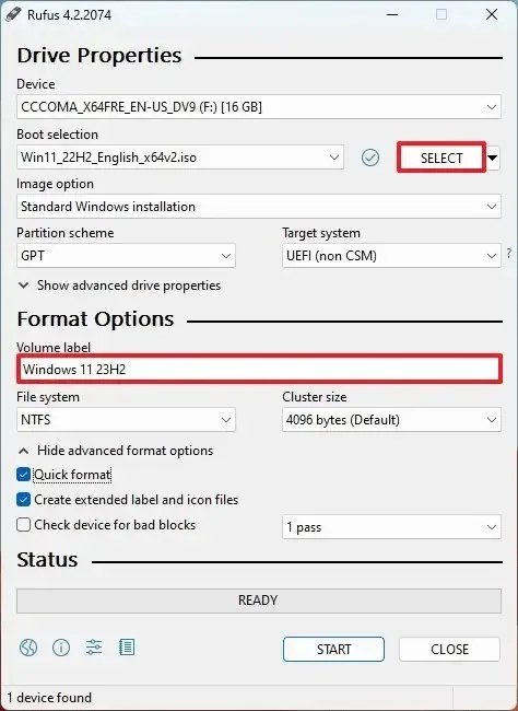 Derivación USB Rufus Windows 11 23H2