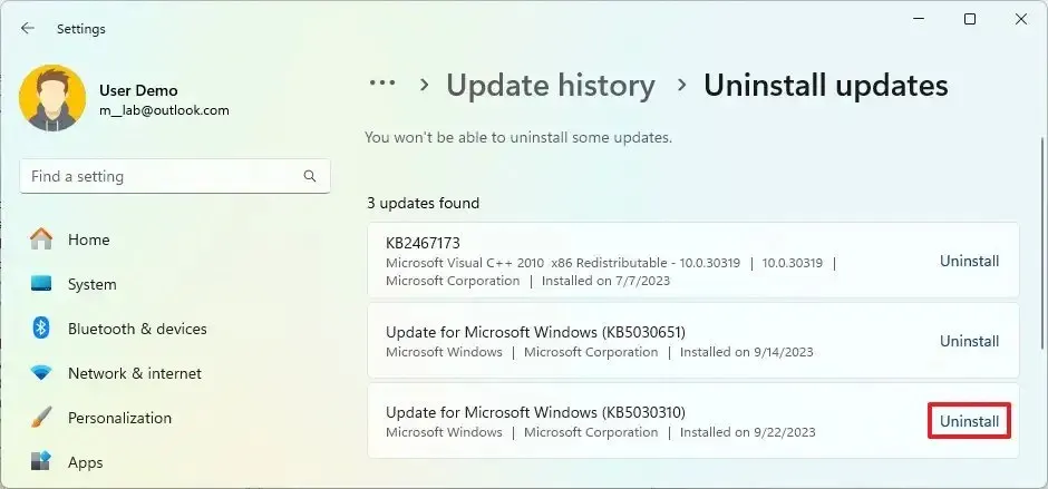 Windows 11 のアンインストール KB5030310