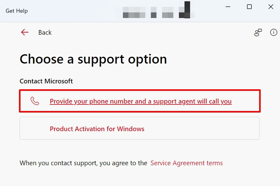 Microsoft サポートのサポートについてエージェントに問い合わせるオプションを選択します。