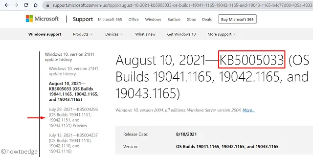 Page Historique des mises à jour Windows