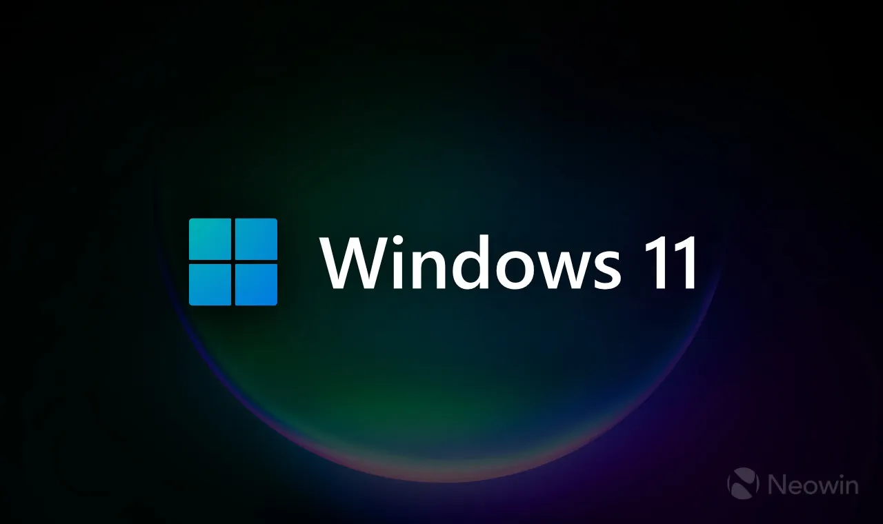 Ein Bild mit einem bunten Windows 11-Logo und abgeblendetem Hintergrund