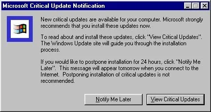 Uno screenshot dell'app Microsoft Critical Update Notification da Windows 98