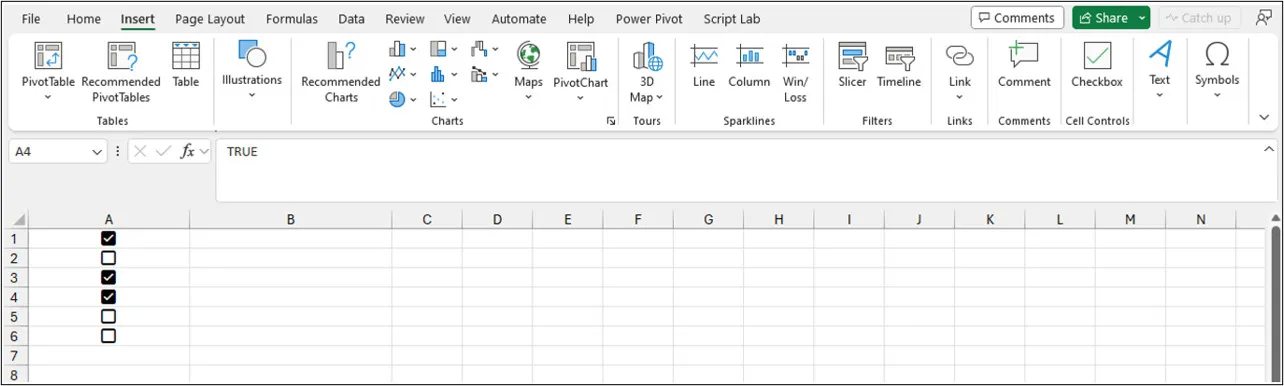 Uma captura de tela mostrando caixas de seleção de células no Excel