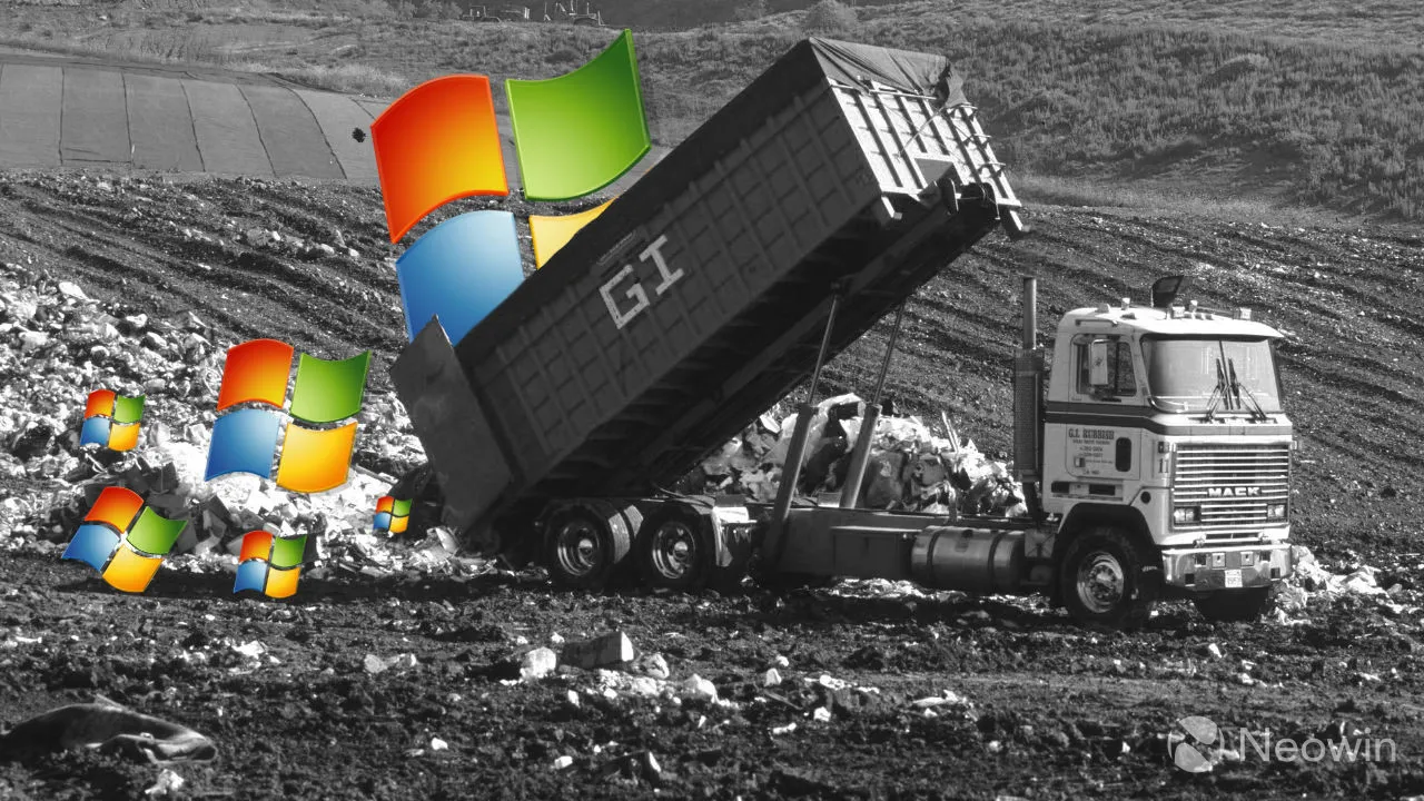 Windows 7 のロゴを埋め立て地に廃棄するダンプ トラック