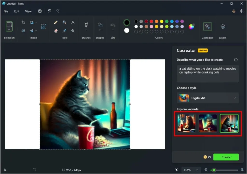 Er worden 3 AI-afbeeldingen gegenereerd in de Paint-app